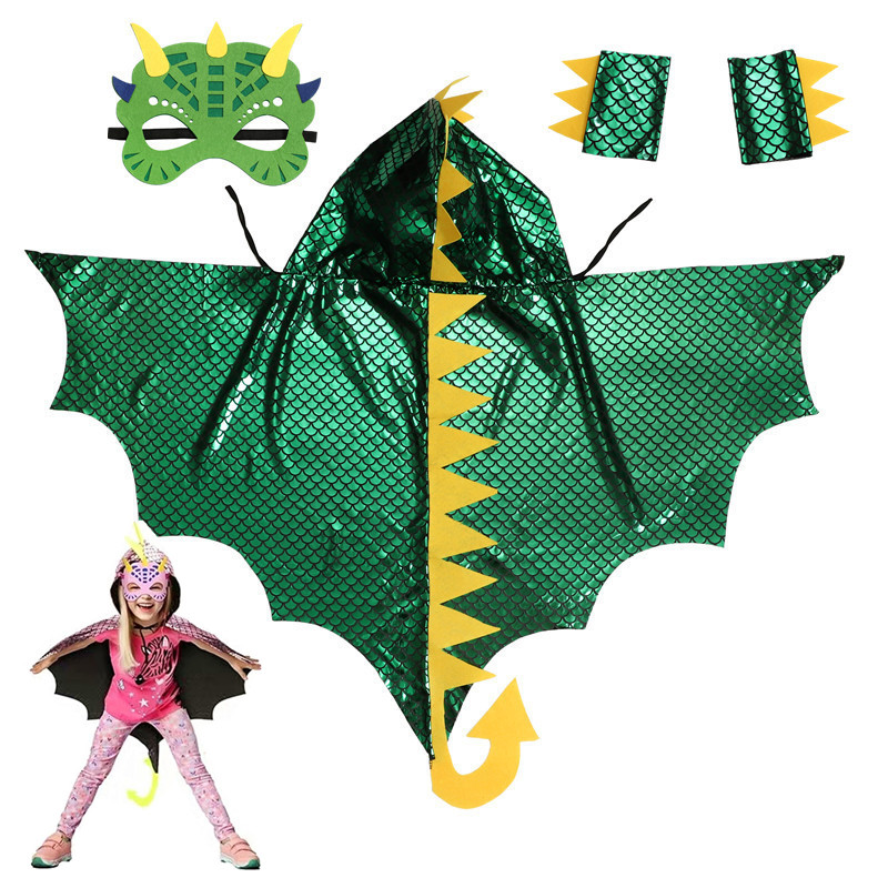 Kids Face Mask - Dziecięcy zielony strój dinozaura z peleryną,