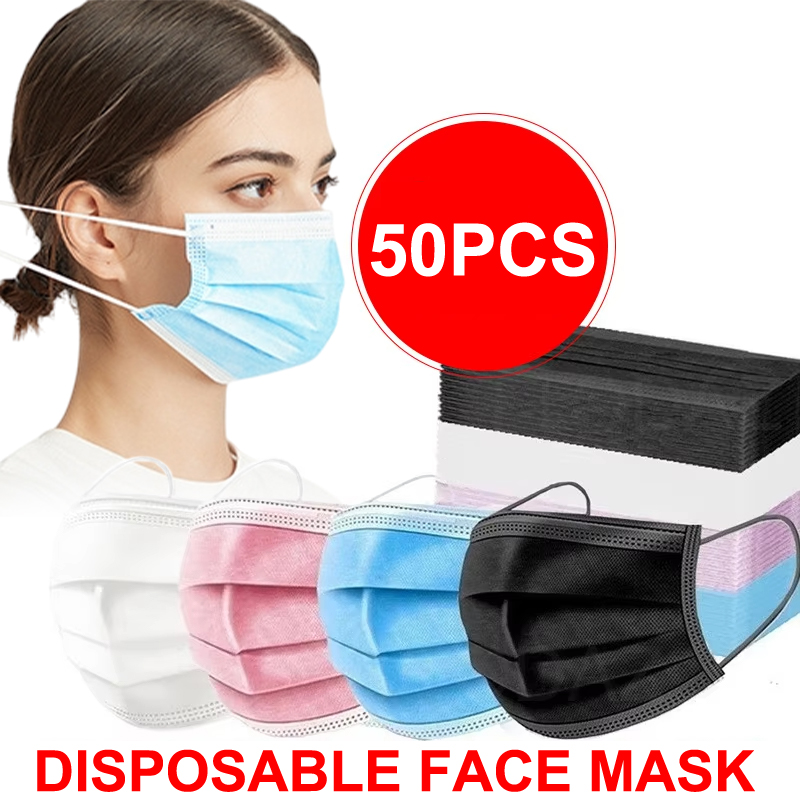 Black Face Mask Pack - 50 szt. 3-warstwowych maseczek ochronnych z